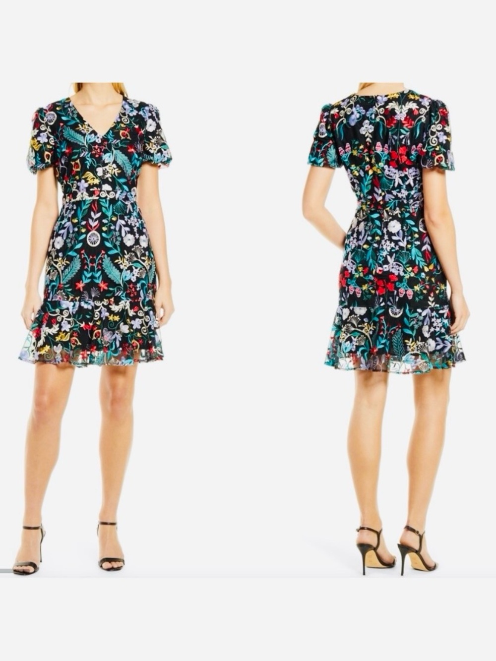Sam Edelman Multicolored Floral Embroidered Mesh V‑Neck Mini Dress